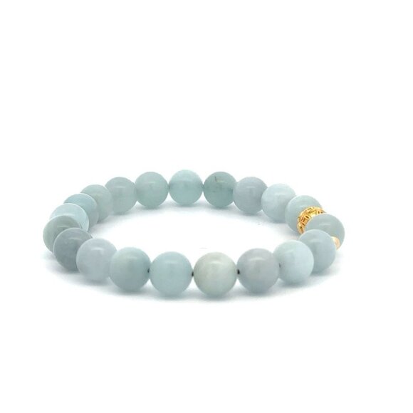 18K Gold Money Ball Lucky Charm Beads Bracelet Gemstones Aquamarine 8mm - Picture 7 of 9